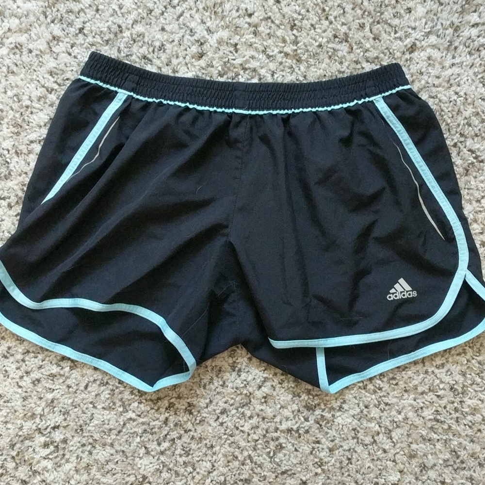Adidas athletic shorts, black and mint blue